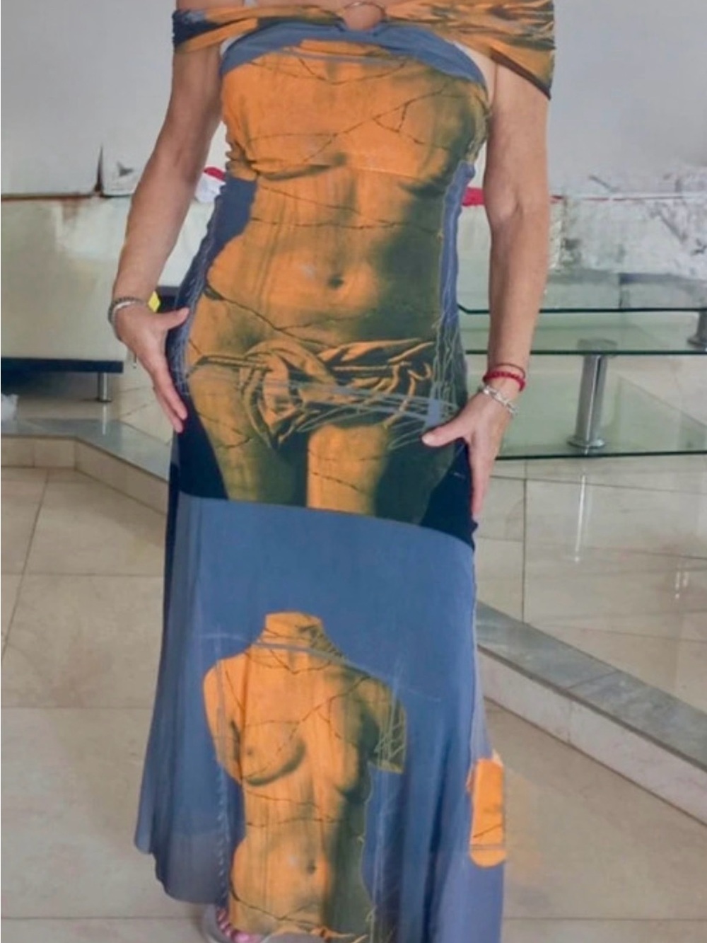 Vintage Jean Paul Gaultier Figurative Off-Shoulder Maxi Dress